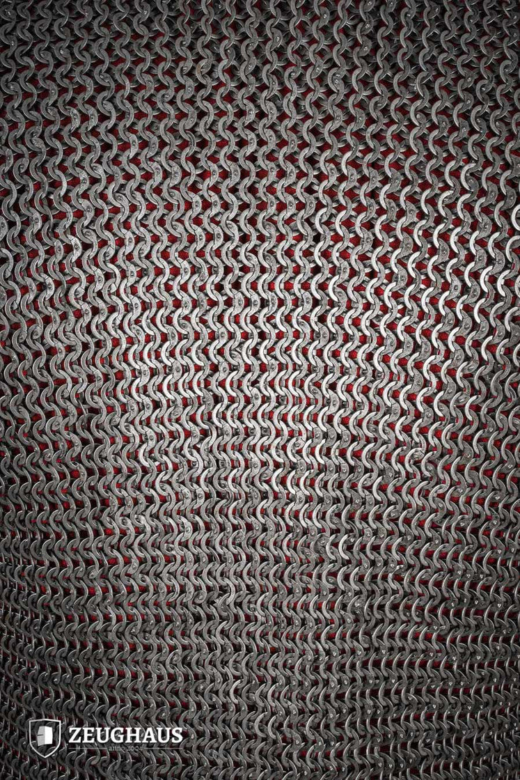 Chainmail Haubergeon made of oiled mild steel with 9mm flat rings, showcasing its intricate wedge riveting and European 4-in-1 braid design.