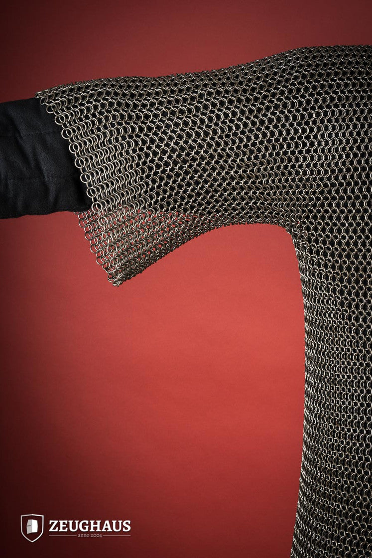 Chainmail Haubergeon made of 9mm steel with an oiled finish, featuring round rings and European 4-in-1 braid type, displayed on a mannequin.