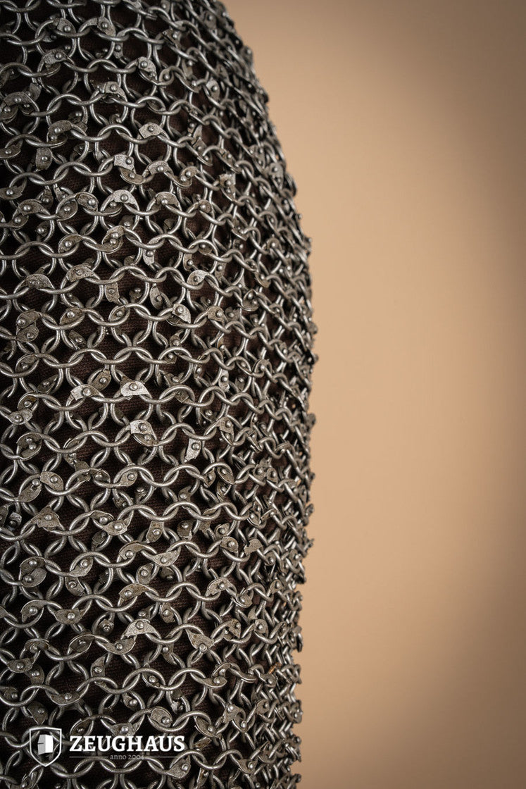 Chainmail Haubergeon made of 10mm oiled mild steel with round riveted rings, showcasing its intricate European 4-in-1 braid pattern.