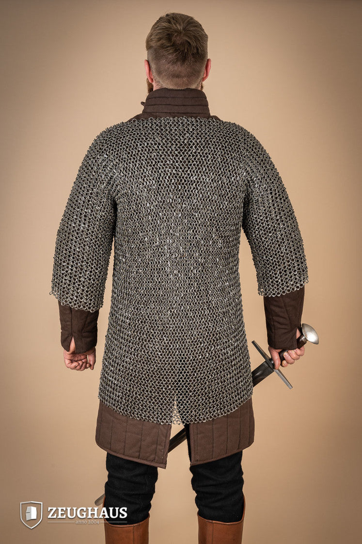 Chainmail Haubergeon made of 10mm oiled mild steel with round riveted rings, showcasing its intricate European 4-in-1 braid pattern.