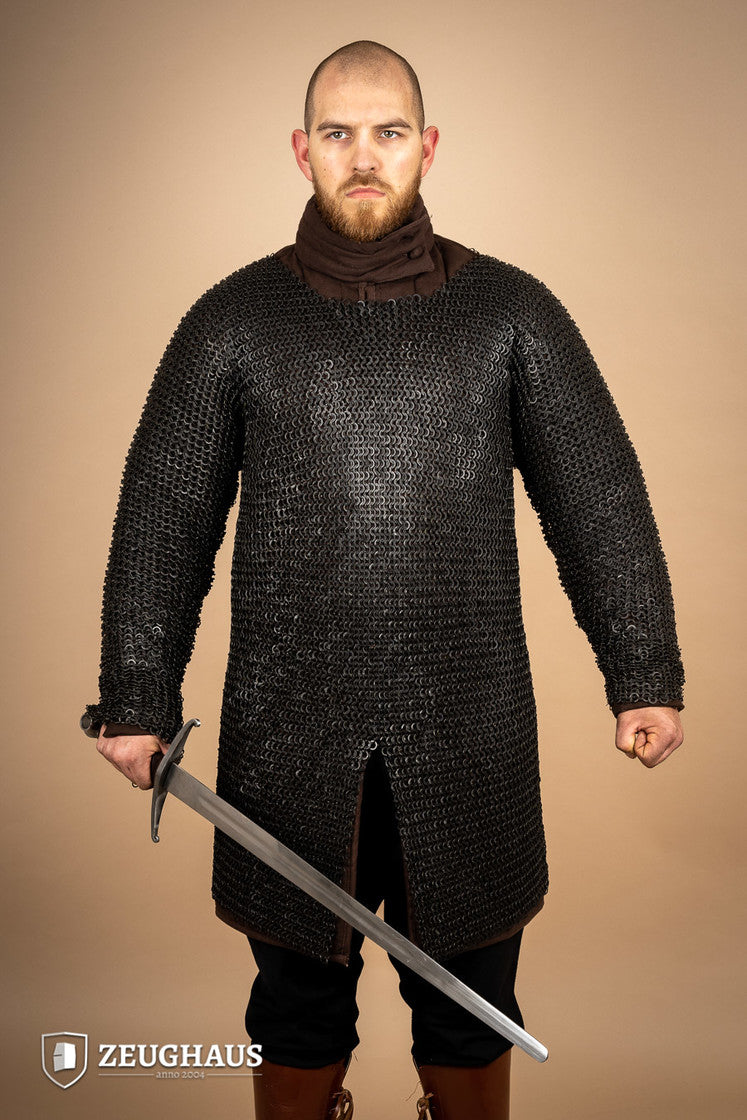 Chainmail Hauberk made of mild steel with burnished flat rings, featuring riveted and solid rings for enhanced strength.