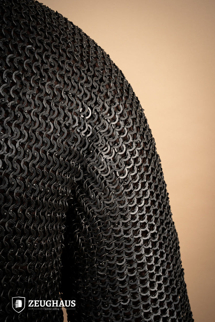 Chainmail Hauberk made of mild steel with burnished flat rings, featuring riveted and solid rings for enhanced strength.
