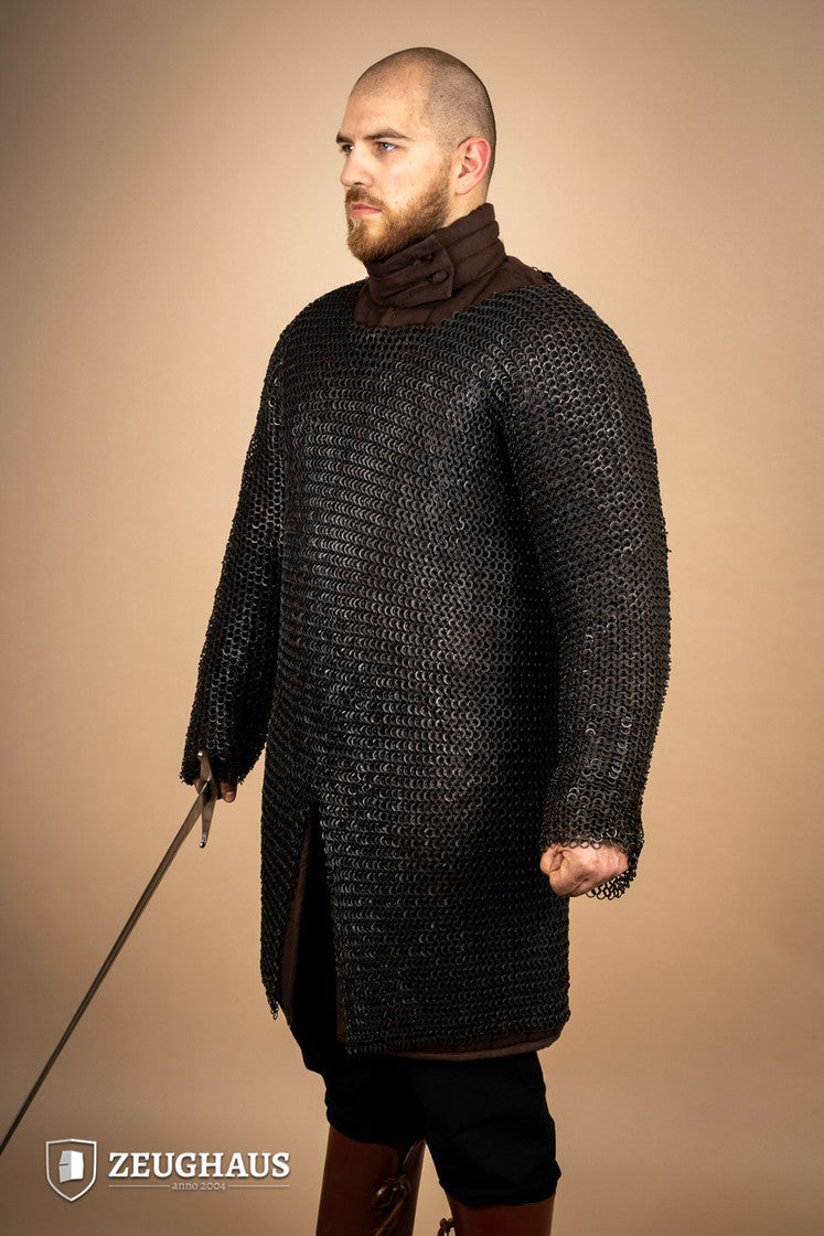 Chainmail Hauberk made of mild steel with burnished flat rings, featuring riveted and solid rings for enhanced strength.