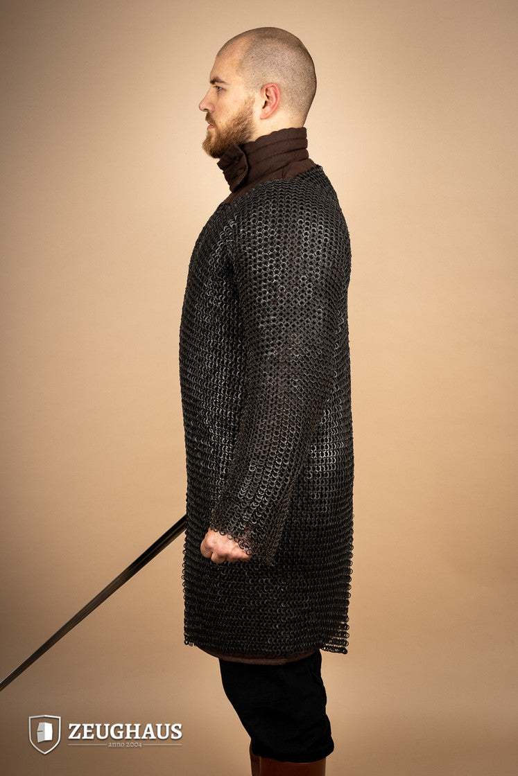 Chainmail Hauberk made of mild steel with burnished flat rings, featuring riveted and solid rings for enhanced strength.