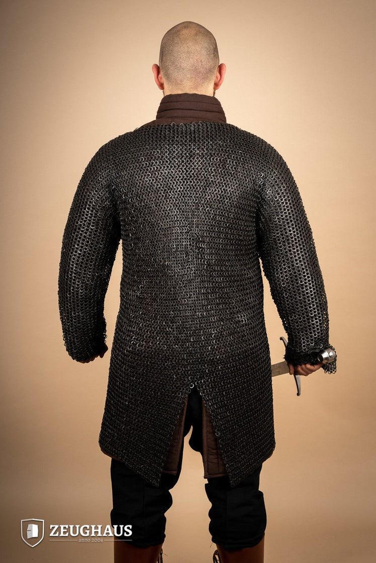 Chainmail Hauberk made of mild steel with burnished flat rings, featuring riveted and solid rings for enhanced strength.