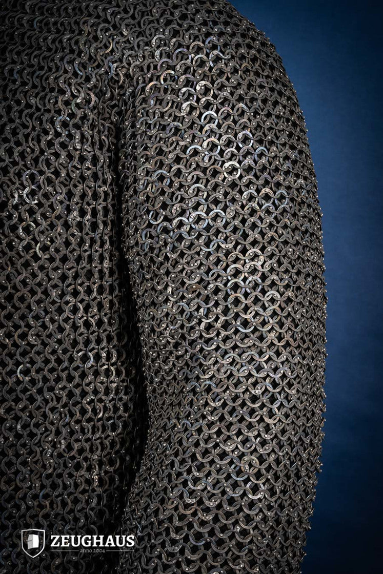 A detailed view of the Chainmail Hauberk Flatring Riveted 9mm Titanium, showcasing its long sleeves, split design, and riveted flat rings for enhanced protection.