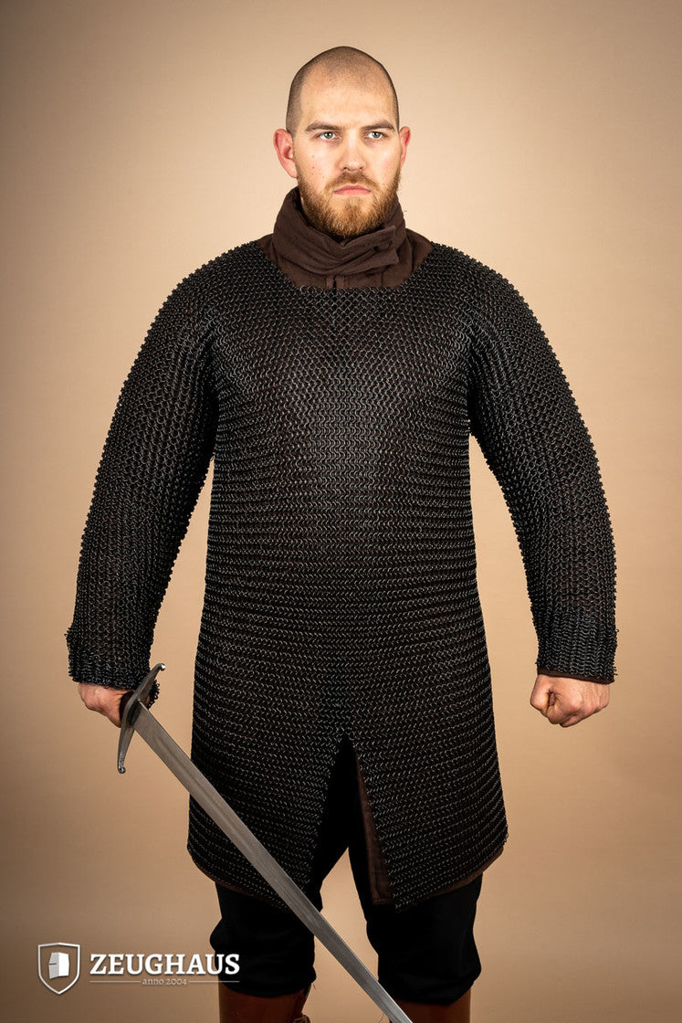 Chainmail Hauberk made of mild steel with a burnished finish, featuring 10mm round rings in a European 4-in-1 braid pattern.