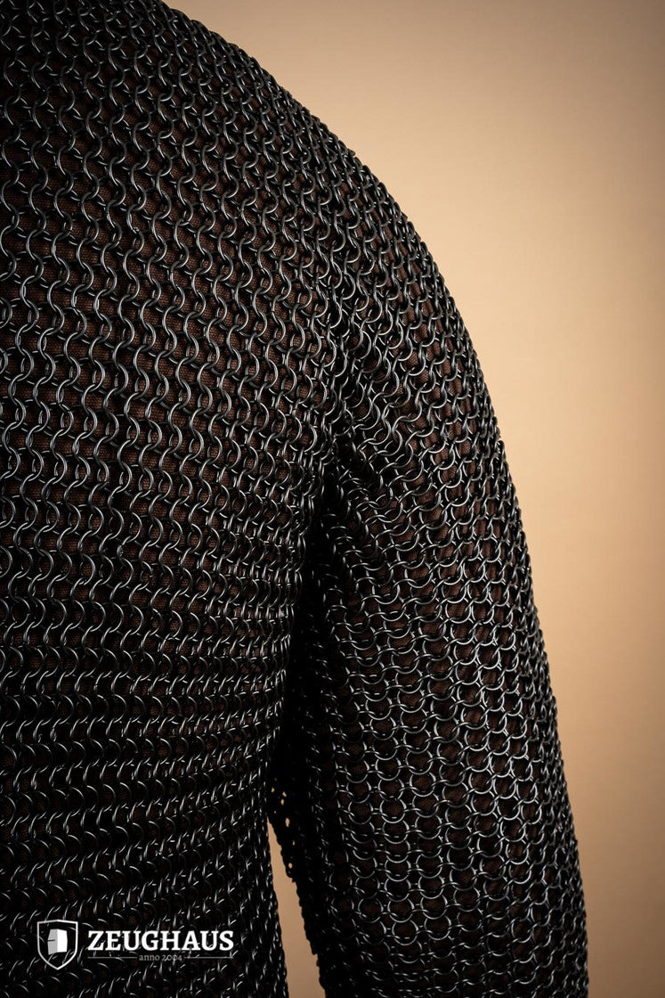 Chainmail Hauberk made of mild steel with a burnished finish, featuring 10mm round rings in a European 4-in-1 braid pattern.