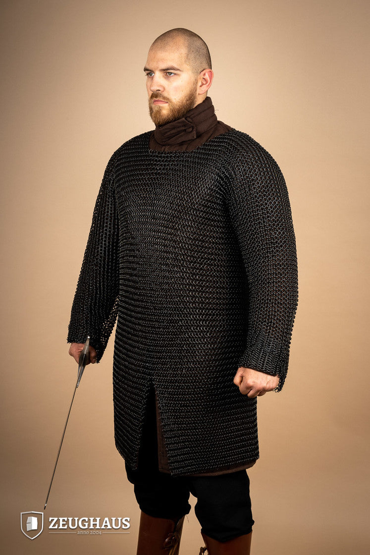Chainmail Hauberk made of mild steel with a burnished finish, featuring 10mm round rings in a European 4-in-1 braid pattern.
