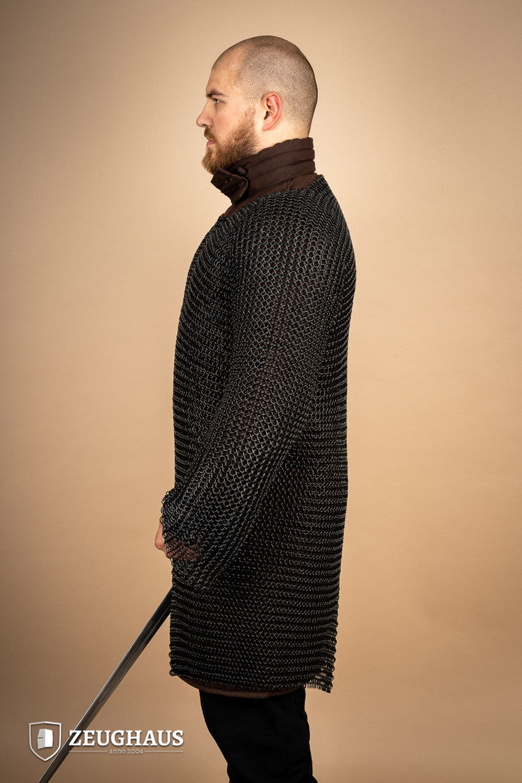 Chainmail Hauberk made of mild steel with a burnished finish, featuring 10mm round rings in a European 4-in-1 braid pattern.