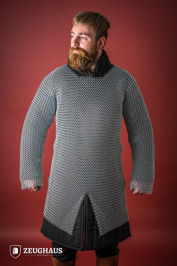 Chainmail Hauberk made of galvanized mild steel with round rings, showcasing European 4-in-1 braid type, available in multiple sizes.