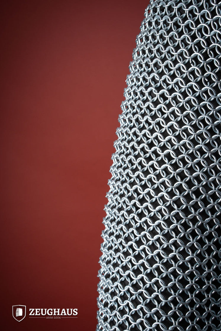 Chainmail Hauberk made of galvanized mild steel with round rings, showcasing European 4-in-1 braid type, available in multiple sizes.