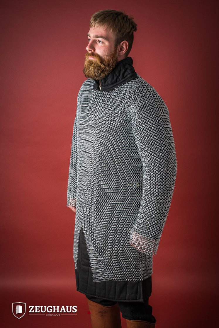 Chainmail Hauberk made of galvanized mild steel with round rings, showcasing European 4-in-1 braid type, available in multiple sizes.