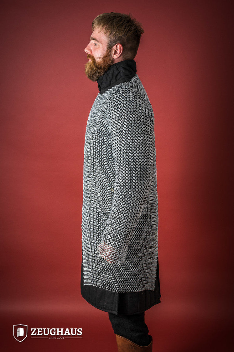 Chainmail Hauberk made of galvanized mild steel with round rings, showcasing European 4-in-1 braid type, available in multiple sizes.