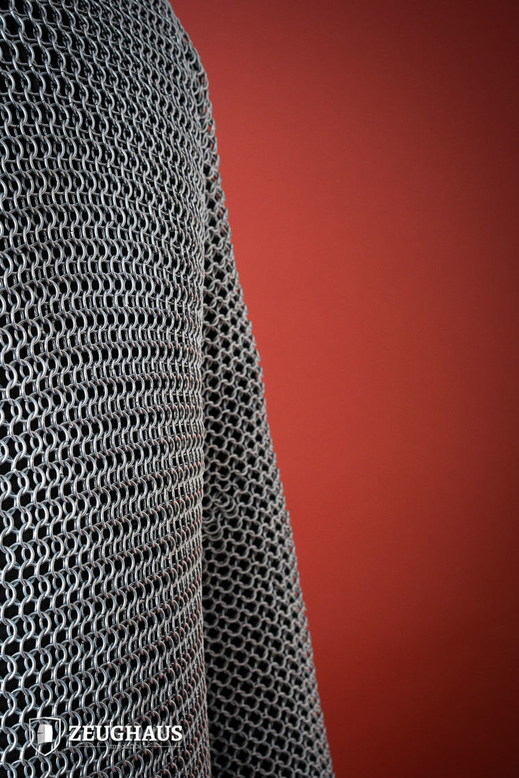 Chainmail Hauberk made of galvanized mild steel with round rings, showcasing European 4-in-1 braid type, available in multiple sizes.