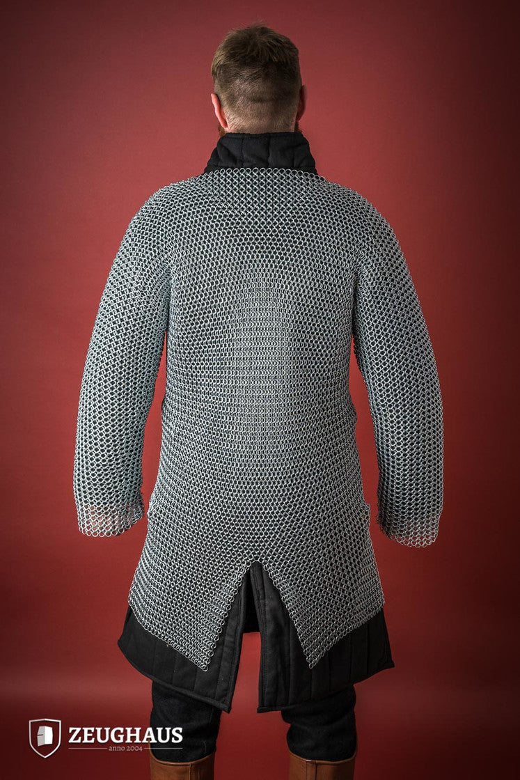 Chainmail Hauberk made of galvanized mild steel with round rings, showcasing European 4-in-1 braid type, available in multiple sizes.