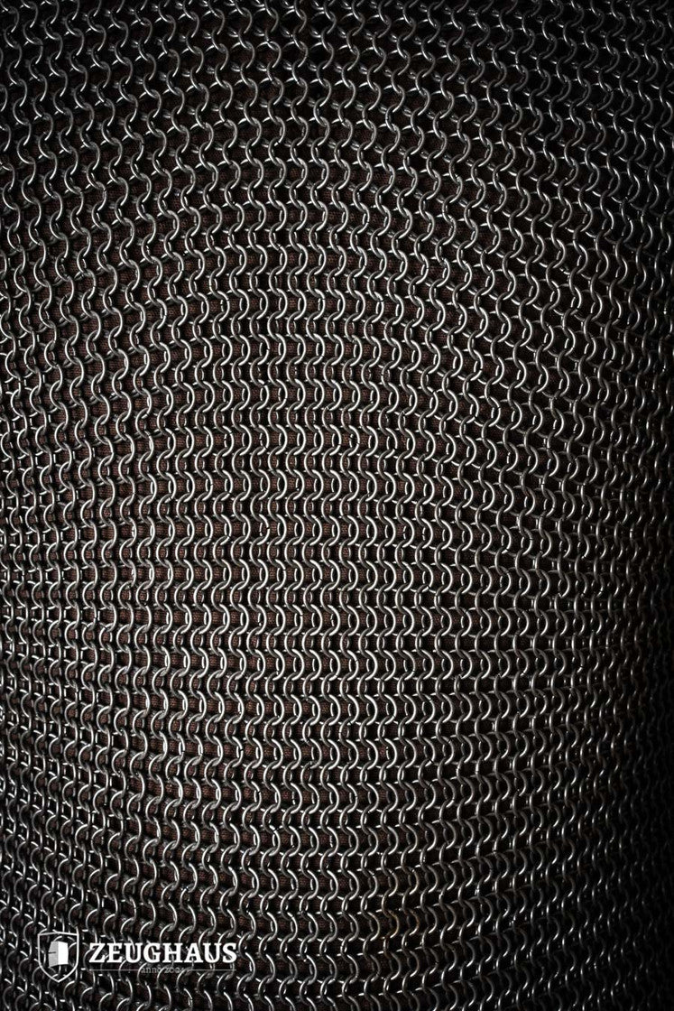 Chainmail Hauberk made of 9mm steel with an oiled finish, featuring round rings and European 4-in-1 braid type, available in multiple sizes.