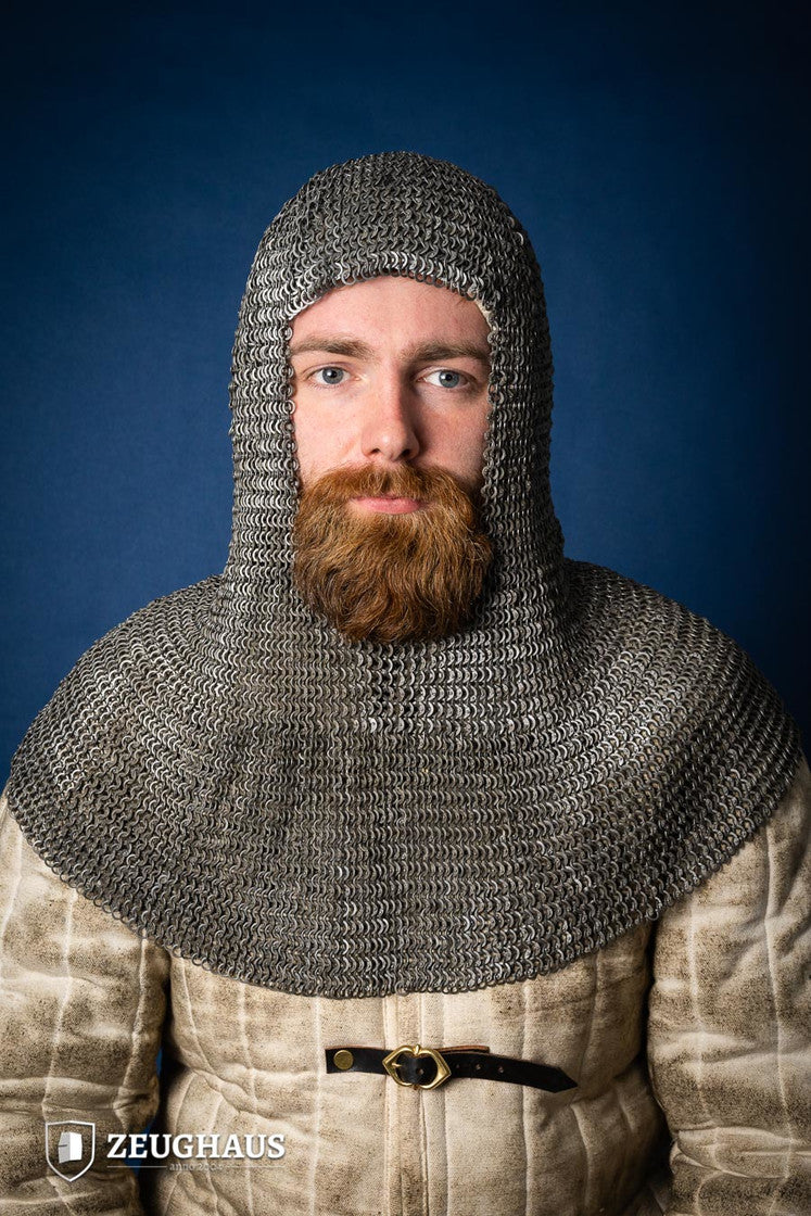 Chainmail hood made of 6mm oiled mild steel with flat rings, featuring riveted and solid ring design.