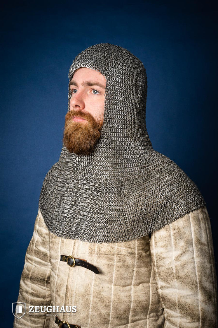 Chainmail hood made of 6mm oiled mild steel with flat rings, featuring riveted and solid ring design.