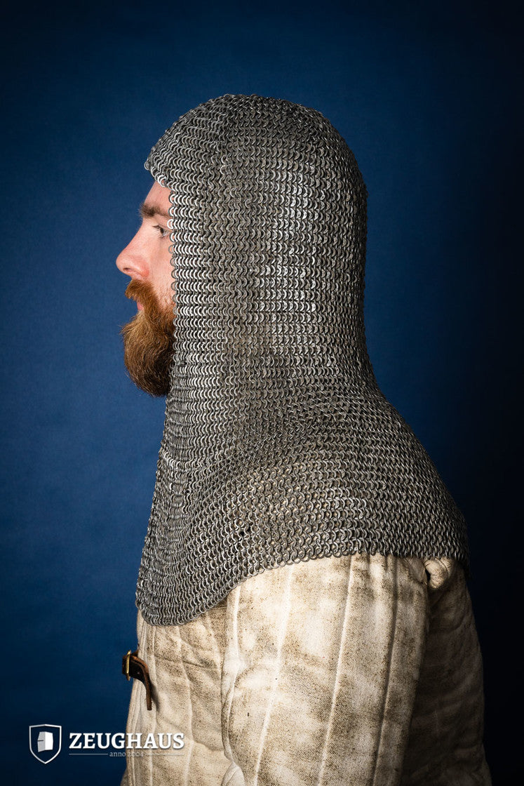 Chainmail hood made of 6mm oiled mild steel with flat rings, featuring riveted and solid ring design.
