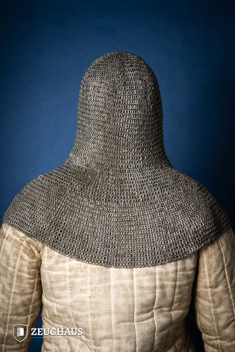 Chainmail hood made of 6mm oiled mild steel with flat rings, featuring riveted and solid ring design.