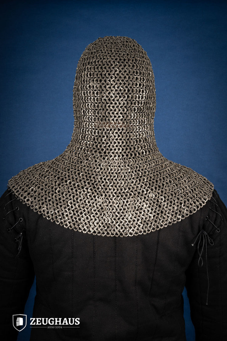 A detailed view of a Chainmail Hood made from 9mm stainless steel with a natural oiled finish, showcasing riveted flat rings in a European 4-in-1 braid pattern.