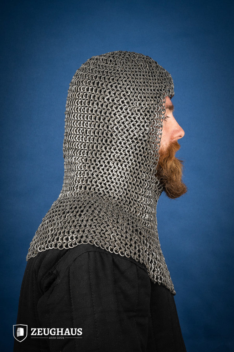 Chainmail hood made of 9mm oiled mild steel with flat rings, featuring wedge riveted construction and European 4-in-1 braid design.