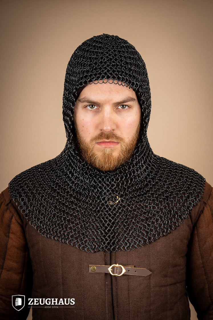 Chainmail hood made of mild steel with a burnished finish, featuring 10mm round rings in a European 4-in-1 braid pattern.