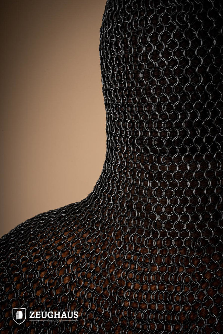 Chainmail hood made of mild steel with a burnished finish, featuring 10mm round rings in a European 4-in-1 braid pattern.