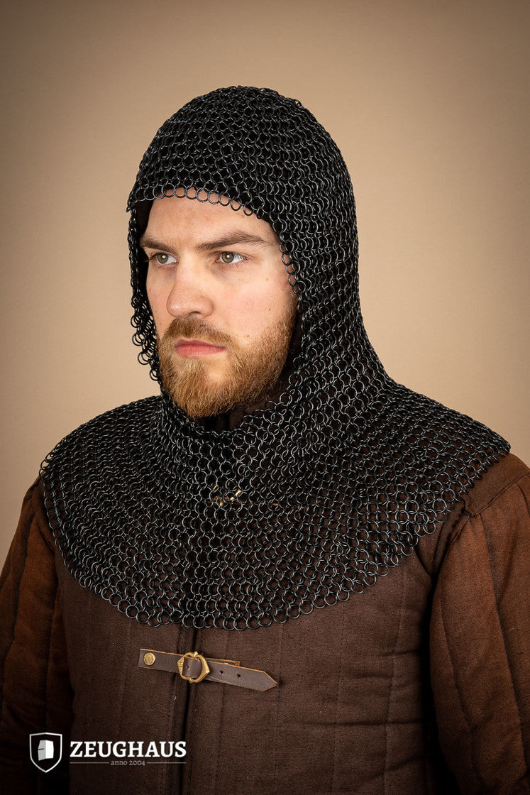 Chainmail hood made of mild steel with a burnished finish, featuring 10mm round rings in a European 4-in-1 braid pattern.