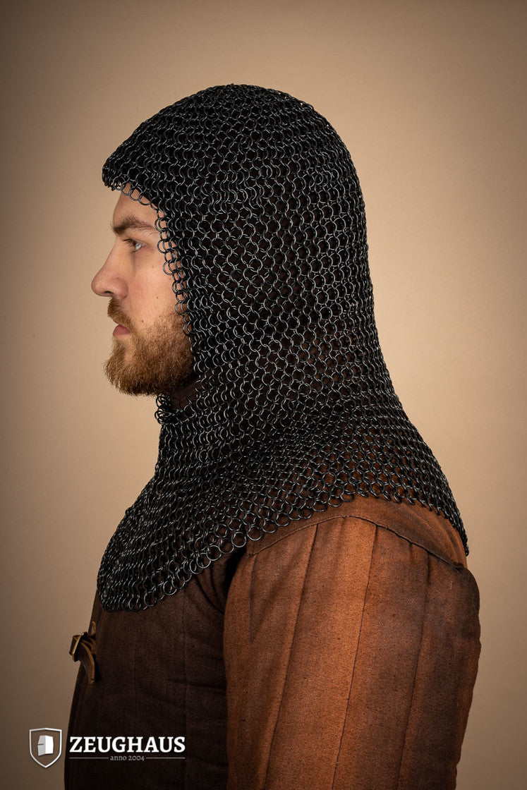 Chainmail hood made of mild steel with a burnished finish, featuring 10mm round rings in a European 4-in-1 braid pattern.