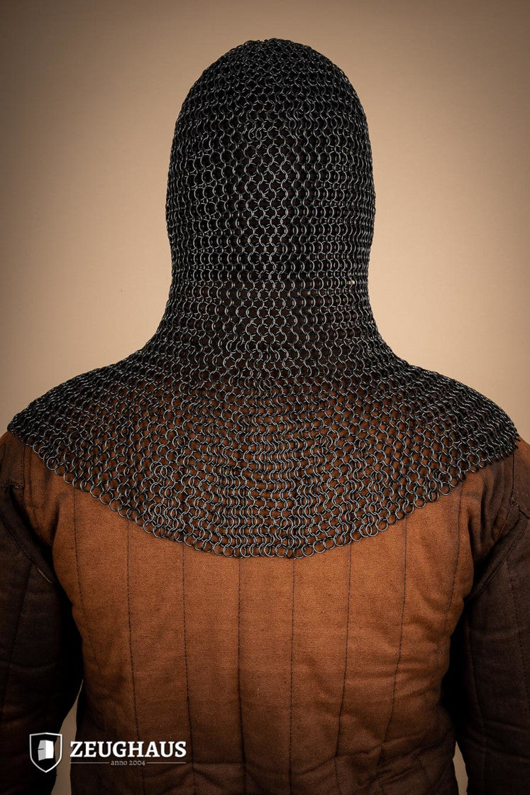 Chainmail hood made of mild steel with a burnished finish, featuring 10mm round rings in a European 4-in-1 braid pattern.