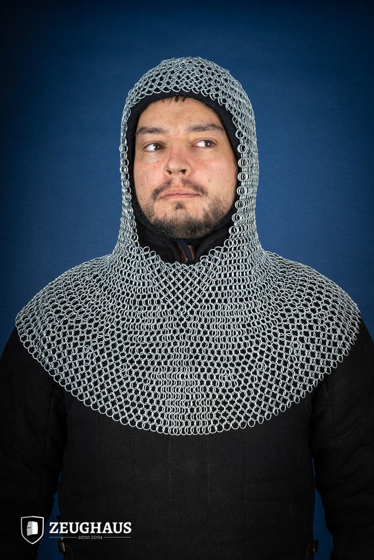 Chainmail Hood made of galvanized mild steel with 10mm round rings, featuring a European 4-in-1 braid pattern.