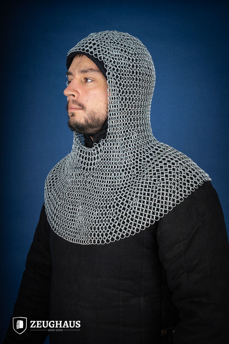 Chainmail Hood made of galvanized mild steel with 10mm round rings, featuring a European 4-in-1 braid pattern.