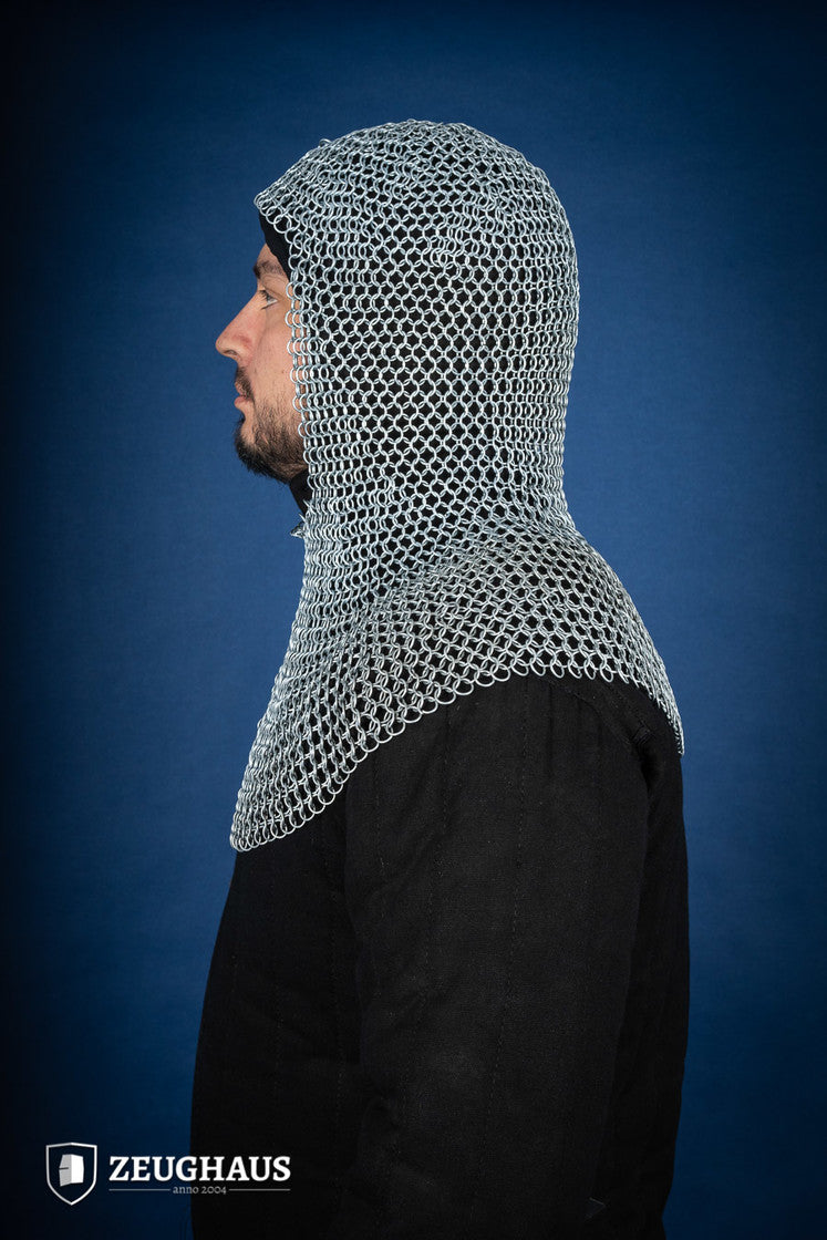 Chainmail Hood made of galvanized mild steel with 10mm round rings, featuring a European 4-in-1 braid pattern.