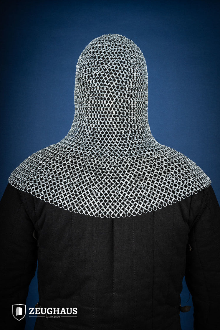 Chainmail Hood made of galvanized mild steel with 10mm round rings, featuring a European 4-in-1 braid pattern.