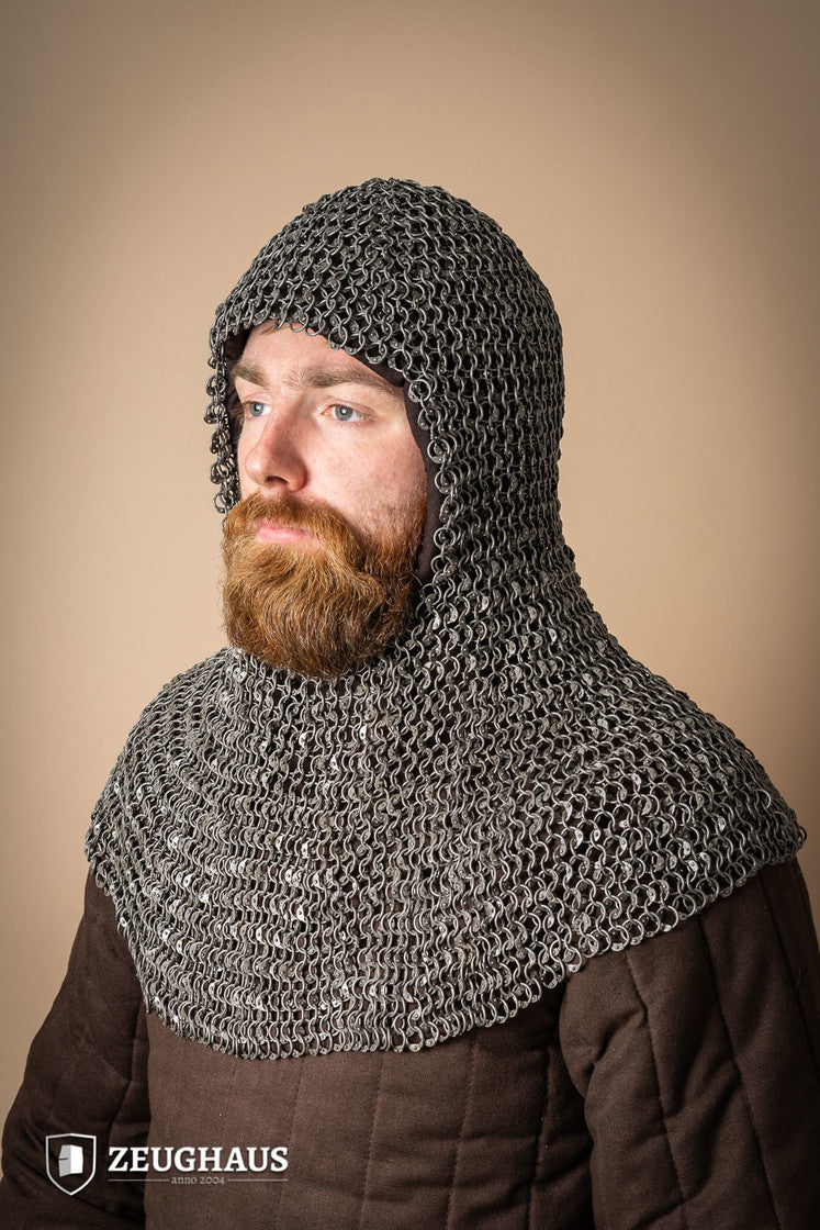 Chainmail hood made of 10mm oiled mild steel with riveted round rings, showcasing European 4-in-1 braid design.