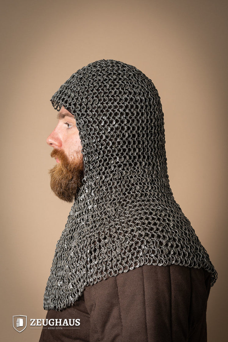 Chainmail hood made of 10mm oiled mild steel with riveted round rings, showcasing European 4-in-1 braid design.