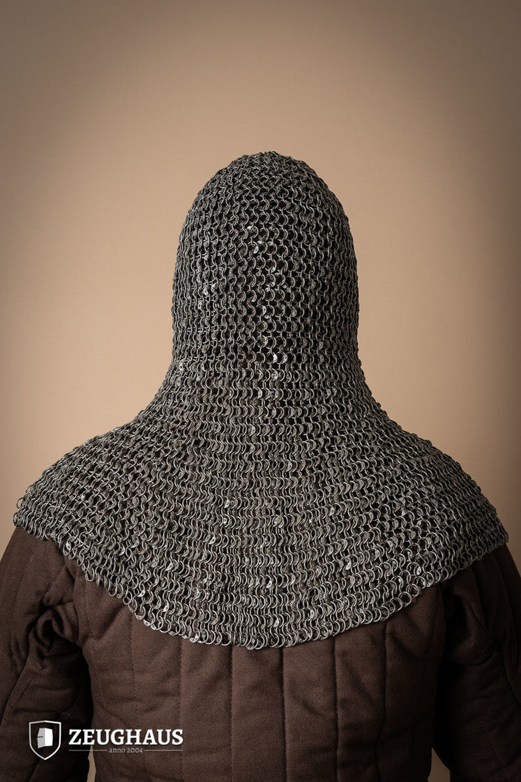 Chainmail hood made of 10mm oiled mild steel with riveted round rings, showcasing European 4-in-1 braid design.