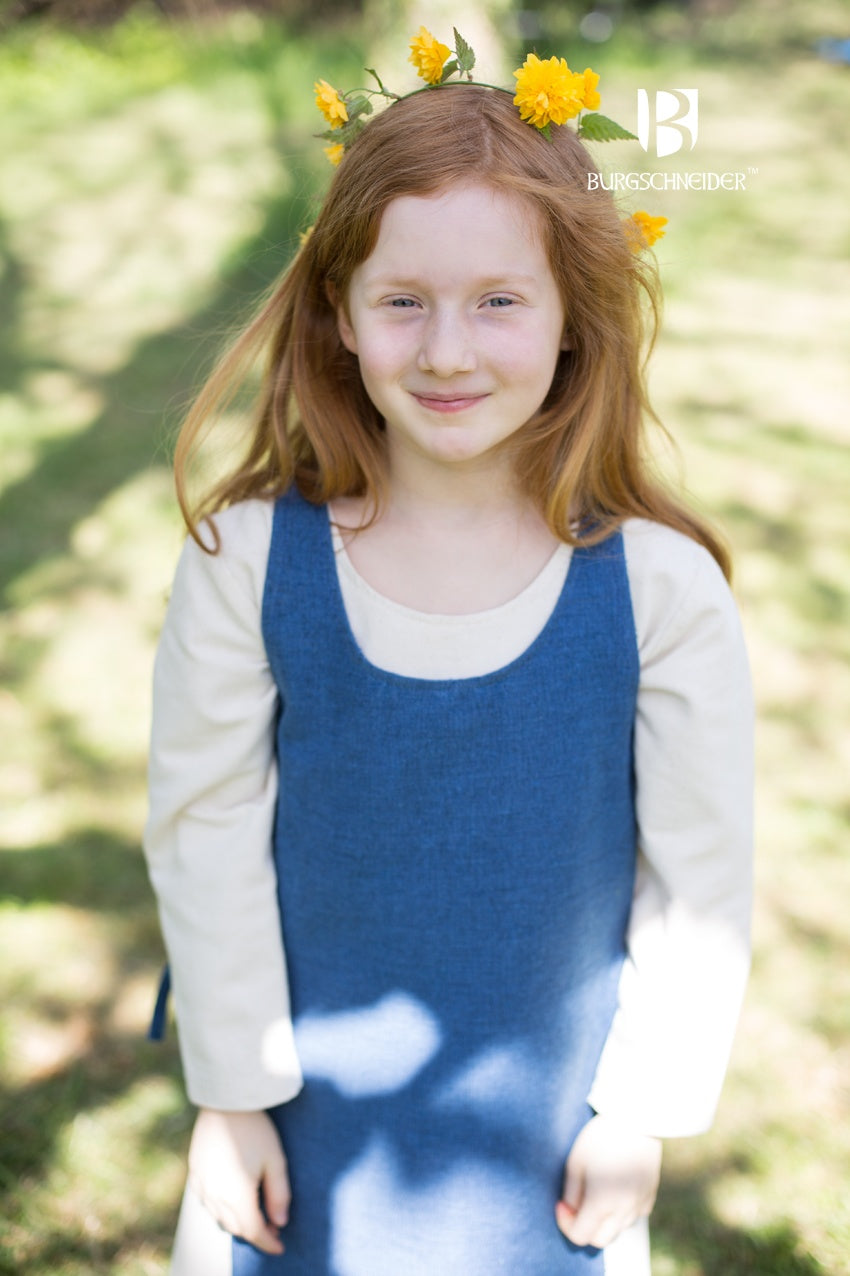 Children's Over Dress Ylva in Ocean Blue, featuring adjustable fabric ties and durable cotton material, perfect for active kids.