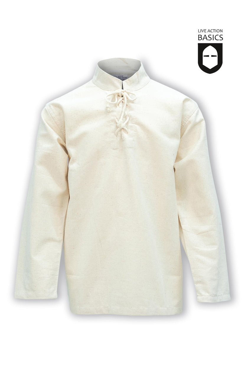 A medieval-style children's shirt made of 100% cotton, featuring a standing collar with lace detail, perfect for young adventurers.