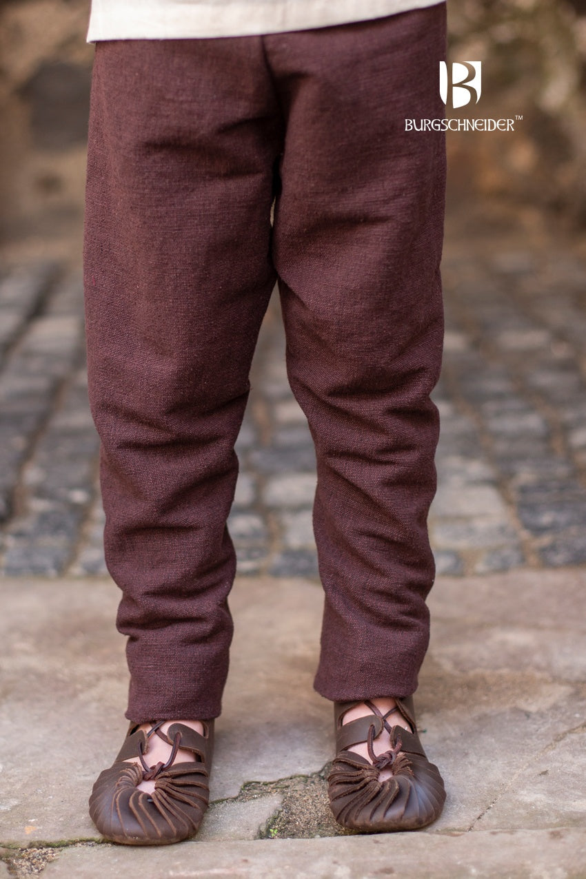 Children's Thorsberg Pants Ragnarsson in brown, made of 100% cotton, showcasing flexible design and historical style.