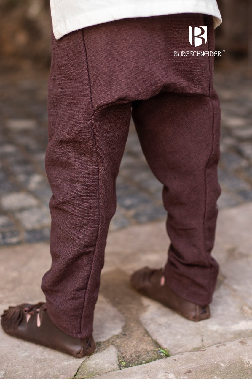 Children's Thorsberg Pants Ragnarsson in brown, made of 100% cotton, showcasing flexible design and historical style.