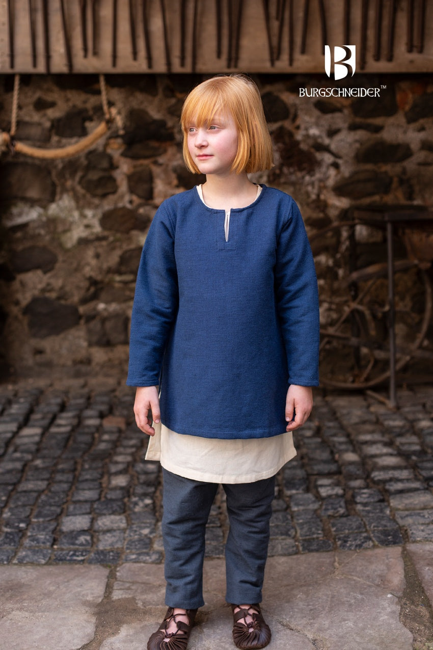 Children's Eriksson Tunic in blue, made from 100% cotton, designed for historical role play and LARP events.