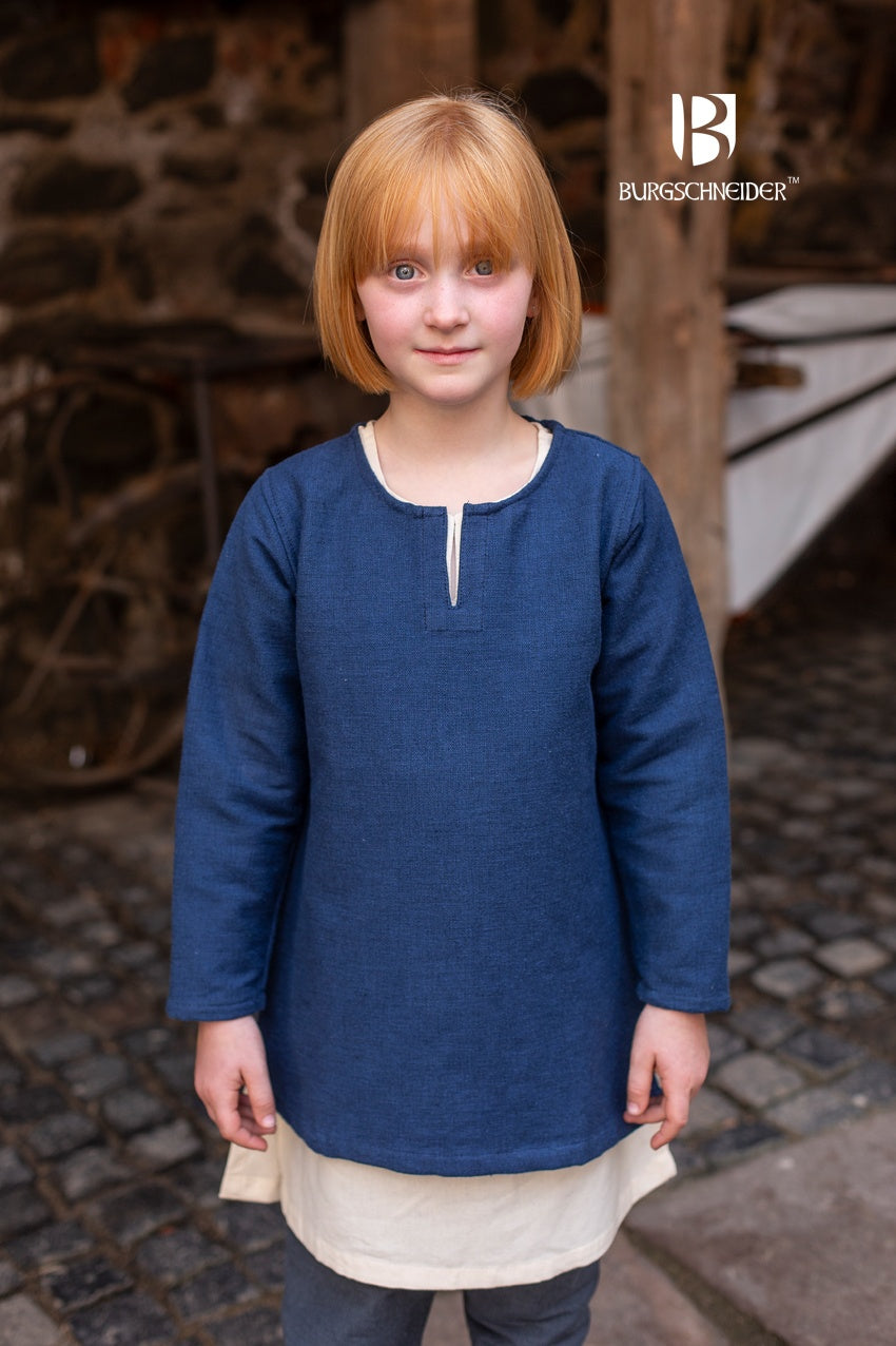 Children's Eriksson Tunic in blue, made from 100% cotton, designed for historical role play and LARP events.