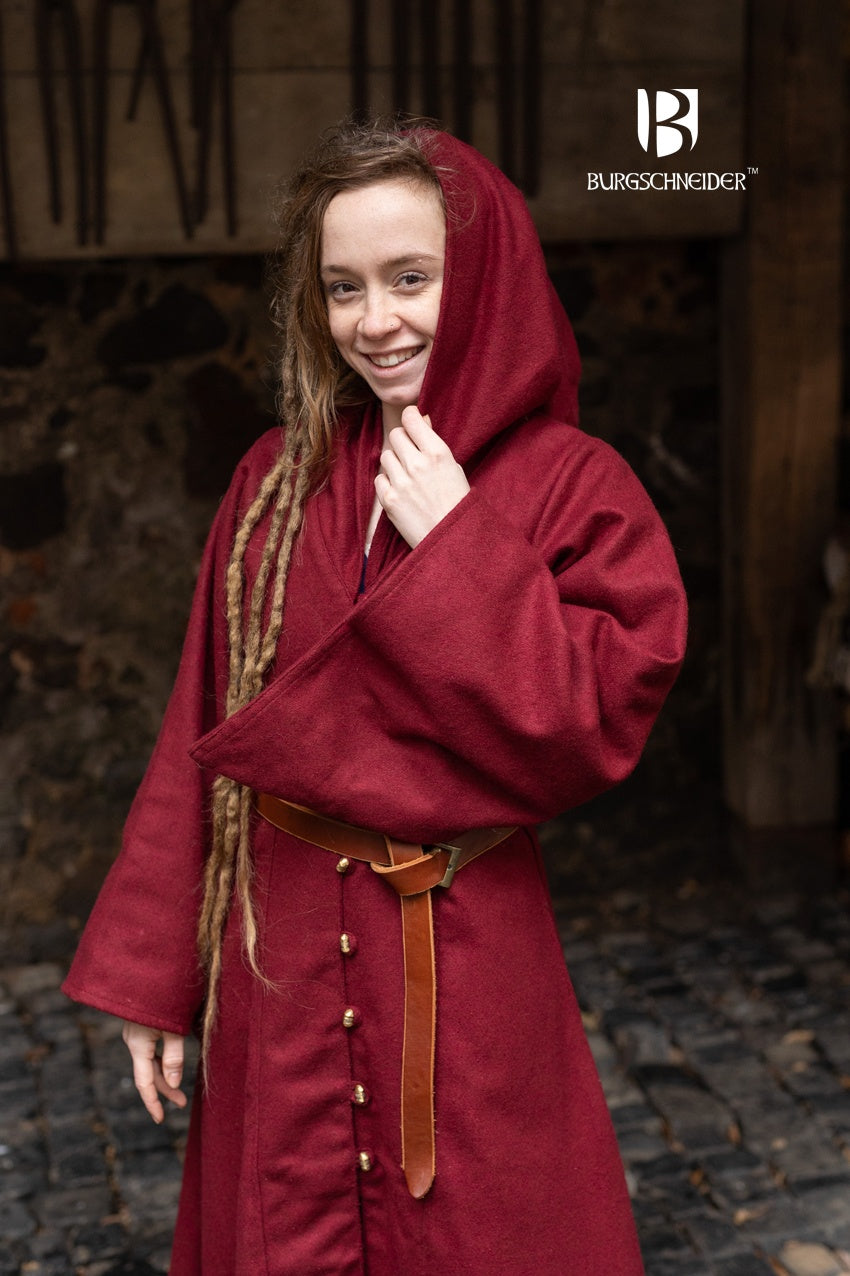 A stylish long red coat made of warm wool felt, featuring solid brass buttons, a large hood, and slightly flared sleeves.