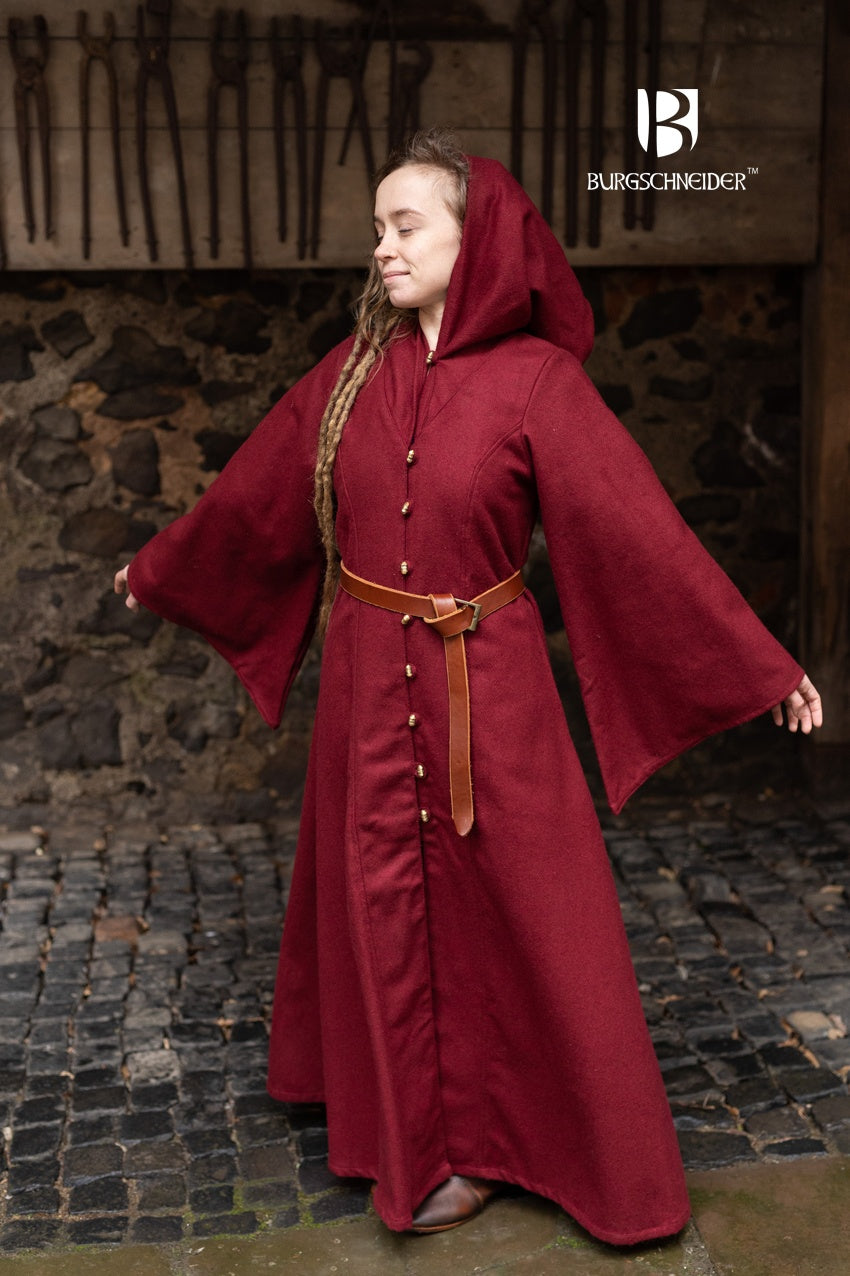 A stylish long red coat made of warm wool felt, featuring solid brass buttons, a large hood, and slightly flared sleeves.