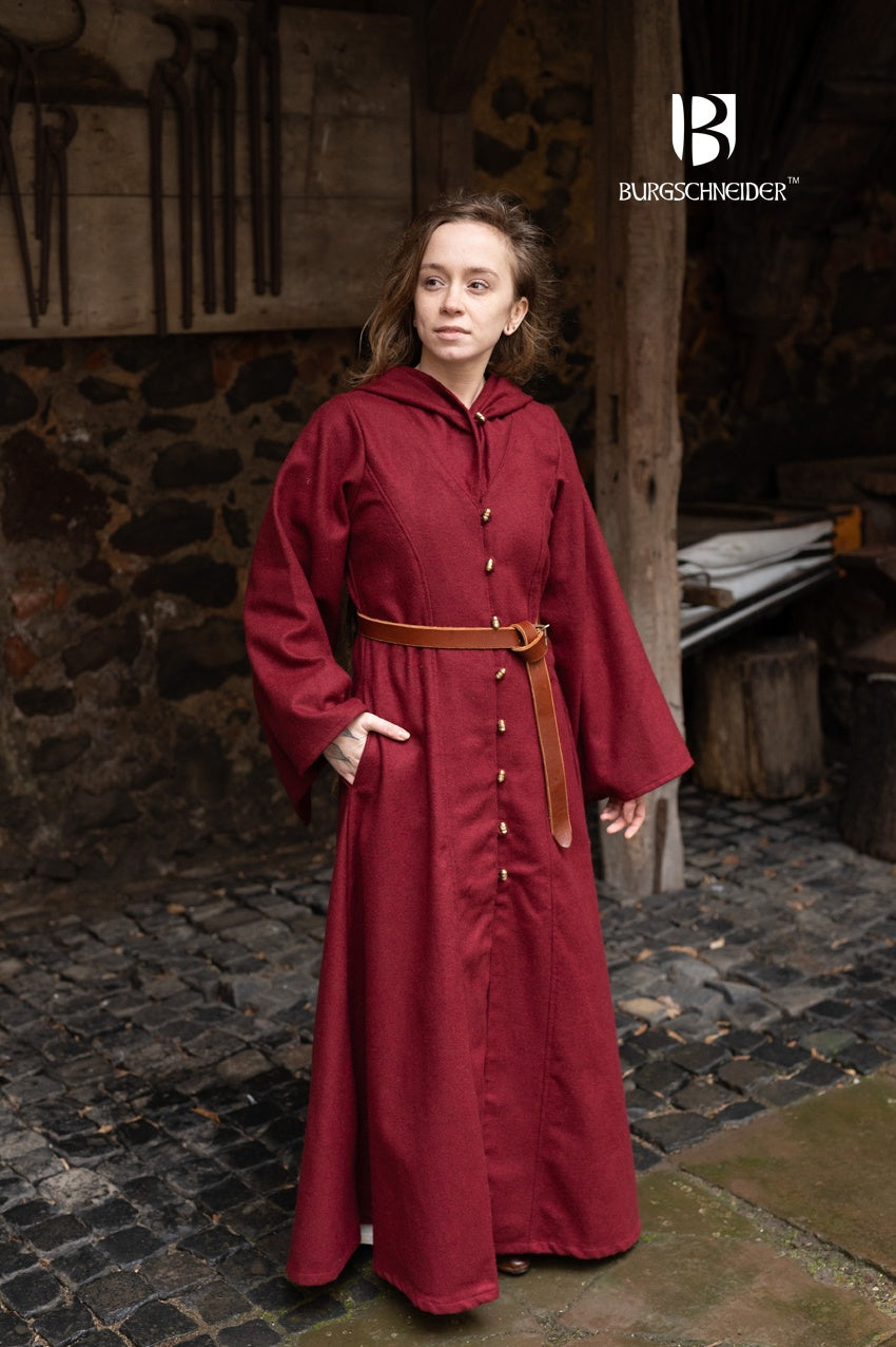 A stylish long red coat made of warm wool felt, featuring solid brass buttons, a large hood, and slightly flared sleeves.