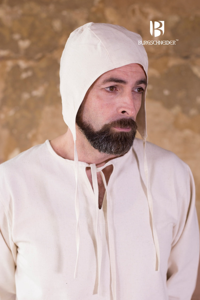 Coif Bertram Natural made of white cotton, featuring a classic design with ribbons for secure closure, covering neck and ears.