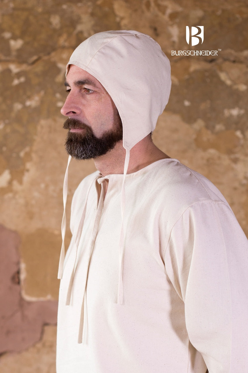 Coif Bertram Natural made of white cotton, featuring a classic design with ribbons for secure closure, covering neck and ears.